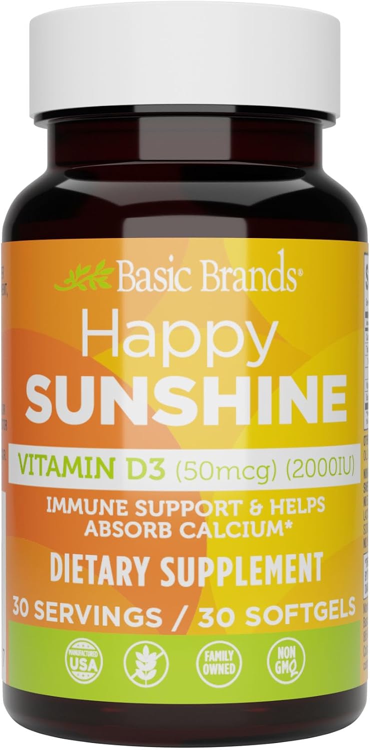 Basic Brands Happy Sunshine Vitamin D3 2000 IU Daily Supplement, 30 Soft gel capsules - görsel 1