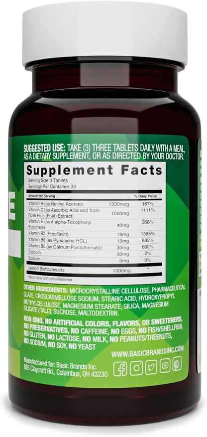 Basic Brands Aller Vite Nasal Support Tablets – High Bioflavonoid Complex with Vitamins and Calcium, Gluten-Free, 100 Tablets