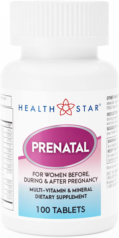 Prenatal Multivitamin by HealthStar for Healthy Mum and Baby - Folate + Vitamin C + Vitamin D + Iron + Calcium + B12 - 100 tablets