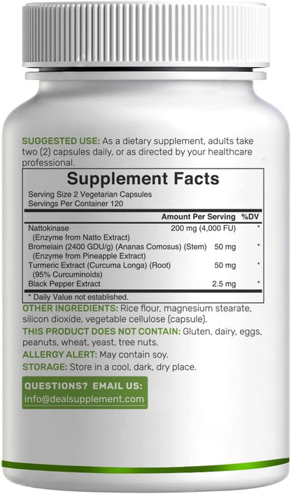 Nattokinase Supplement 4000 FU with Bromelain, Turmeric & Black Pepper – Digestive Enzymes & Heart Health – 240 Veggie Capsules