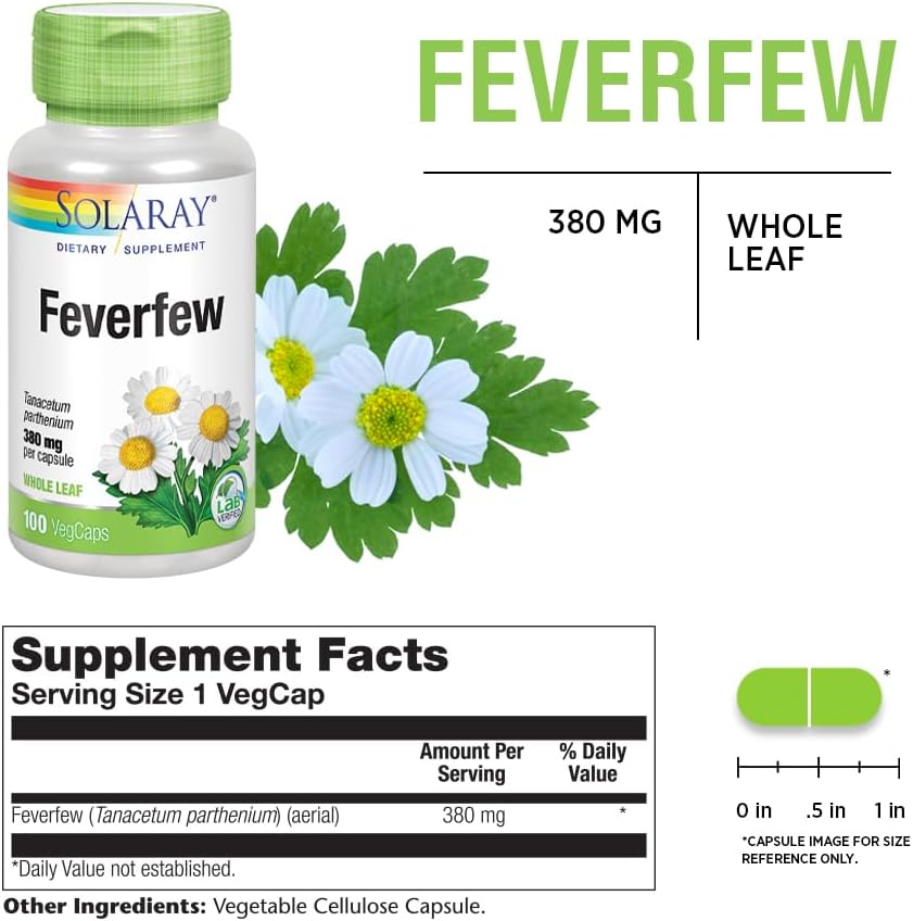 SOLARAY Feverfew Leaf 380 mg | Supports Healthy Circulation, Blood Vessel Tone & Comfort | Non-GMO & Vegan | 100 VegCaps - görsel 2