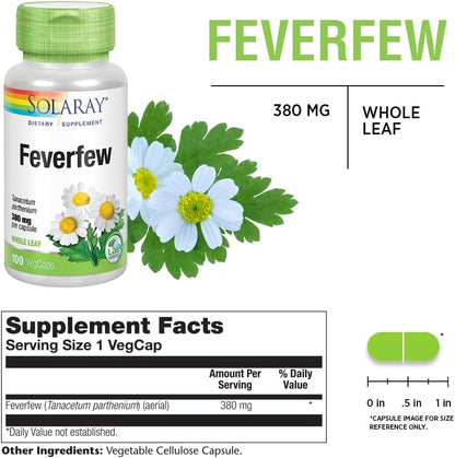 SOLARAY Feverfew Leaf 380 mg | Supports Healthy Circulation, Blood Vessel Tone & Comfort | Non-GMO & Vegan | 100 VegCaps