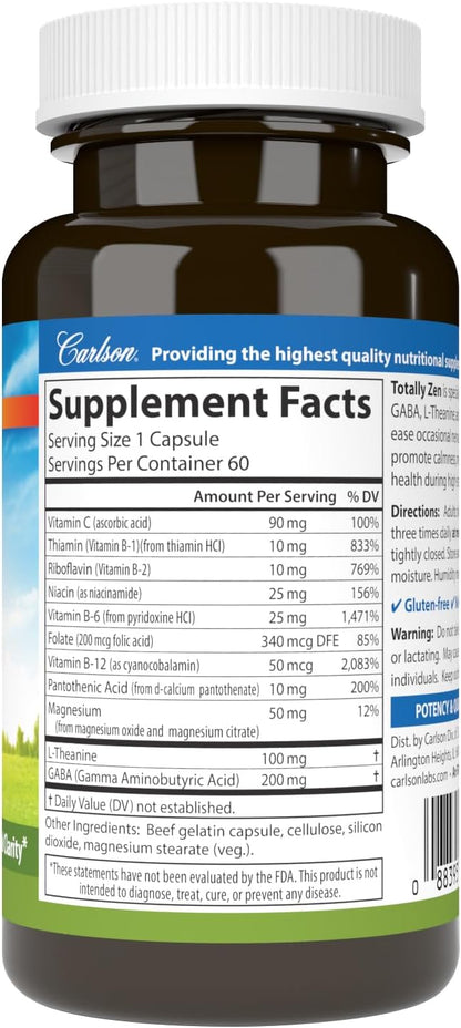 Carlson Totally Zen - GABA, L-Theanine & B Vitamins for Healthy Mood and Mental Clarity - 60 Capsules
