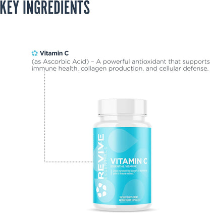Revive MD Vitamin C 1000mg - High-Potency Ascorbic Acid Supplement for Immune Support & Antioxidant Health - Non-GMO, No Fillers (200 Vegetarian Capsules)