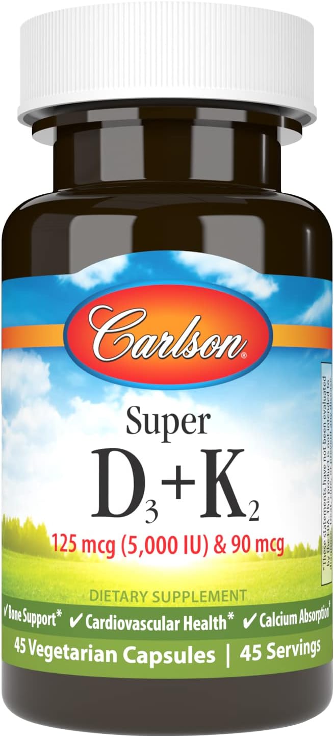 Carlson Super D3 + K2, 5000 IU Vitamin D3 & 90 mcg Vitamin K2 MK-7 – 45 Vegetarian Capsules - görsel 1