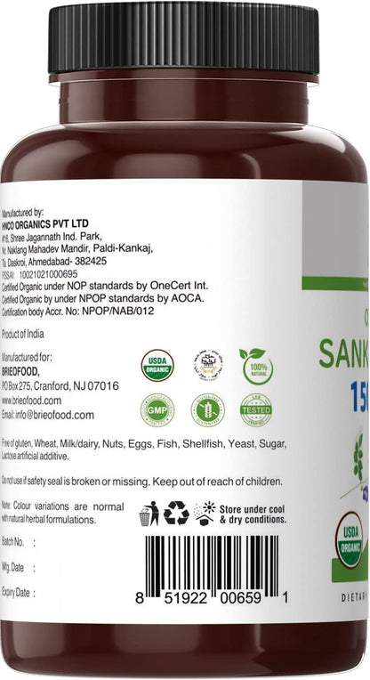 Brieofood Organic Sankhpushpi 1500mg, 90 Vegetarian Tablets