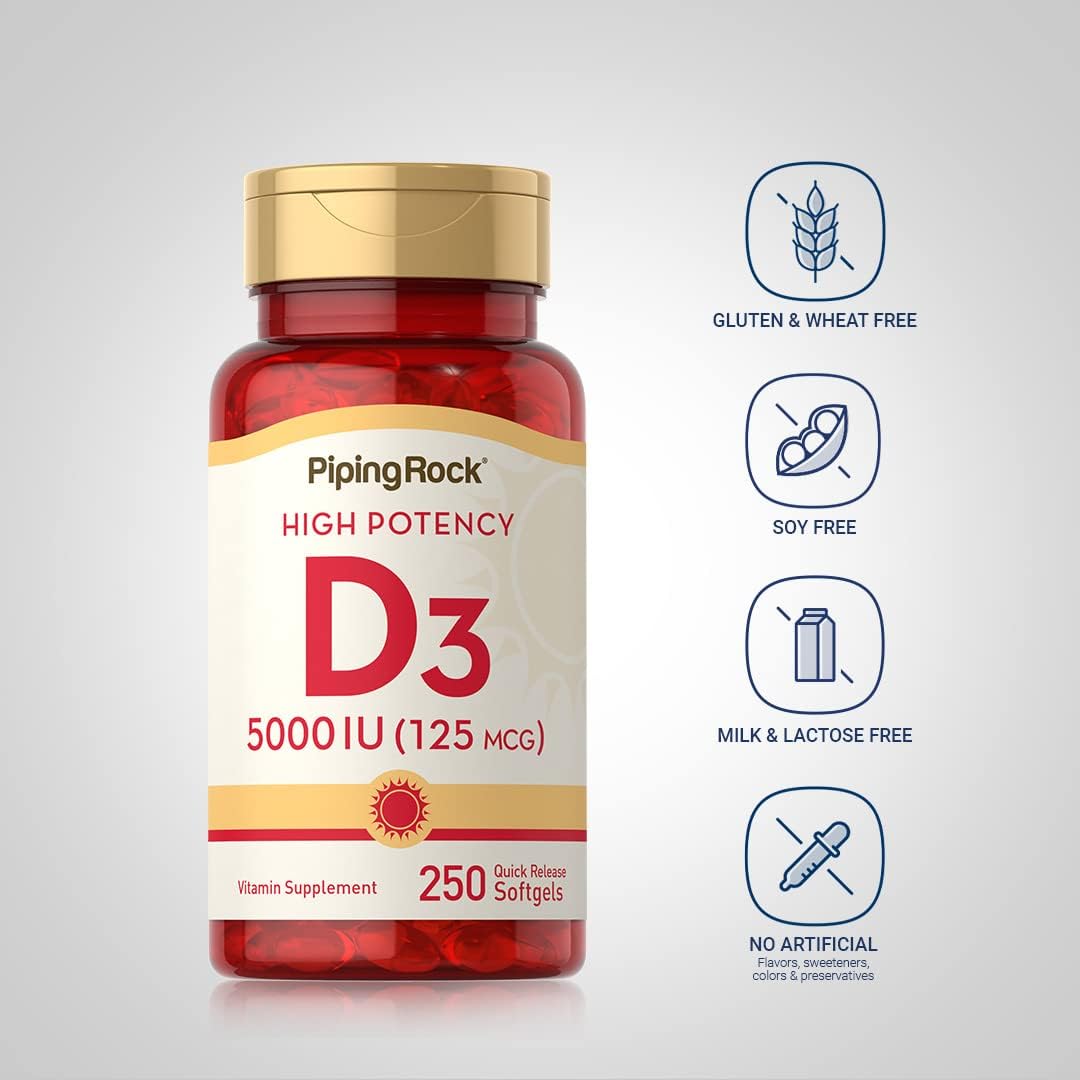 Piping Rock Vitamin D3 5000 IU | 250 Softgels | High Potency Supplement | Non-GMO, Gluten-free - görsel 3