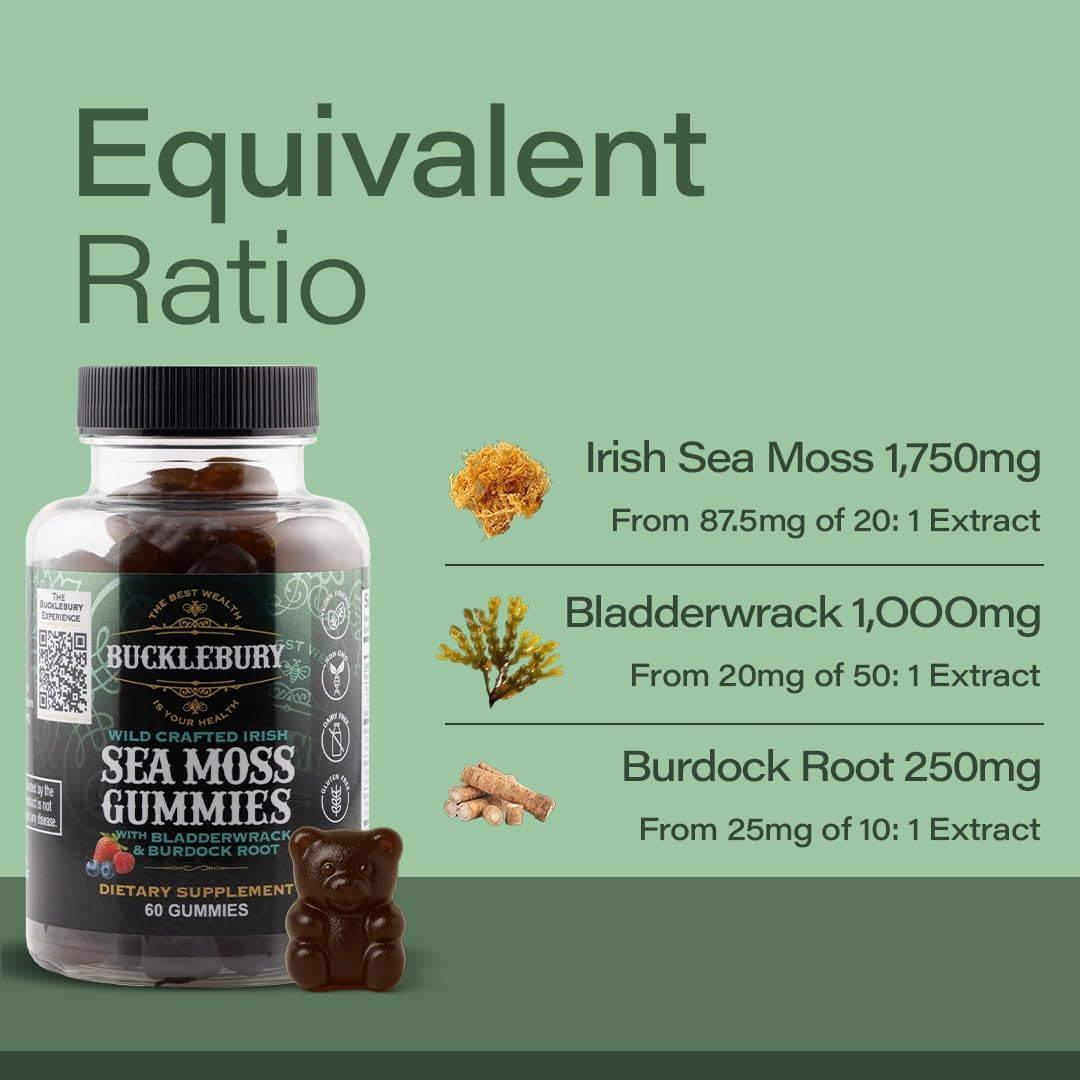 BUCKLEBURY Wild Crafted Irish Sea Moss Gummies - Vegan Multivitamin with Bladderwrack & Burdock Root (60 Gummies) - görsel 7