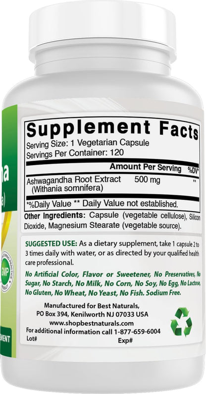 Best Naturals Ashwagandha Extract 500 mg, 120 Capsules (Pack of 2)
