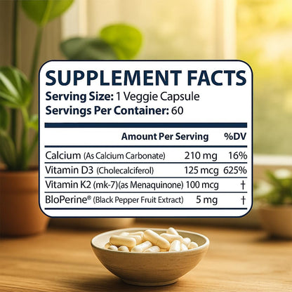 Me First Living Vitamin D3 K2 Food Supplement for Bone & Heart Health, 125 mcg D3 & 100 mcg K2 MK-7, Non-GMO, Easy-to-Swallow Capsules with Calcium