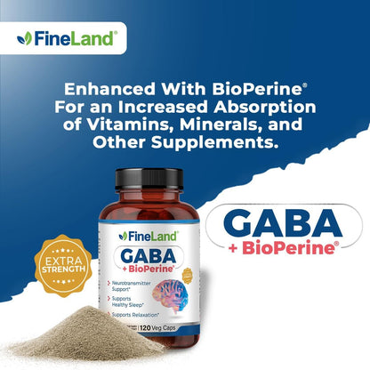 FineLand GABA + BioPerine – Gamma-Aminobutyric Acid Supplement for Relaxation & Daily Calm (120 Capsules)
