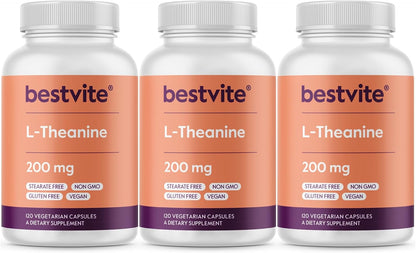 BESTVITE L-Theanine 200mg (120 Vegetarian Capsules) - No Stearates - Vegan - Non-GM - Gluten-free