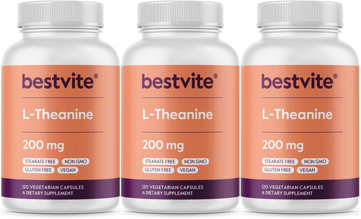 BESTVITE L-Theanine 200mg (360 Vegetarian Capsules) - Vegan, Non-GMO, Gluten-free - görsel 1