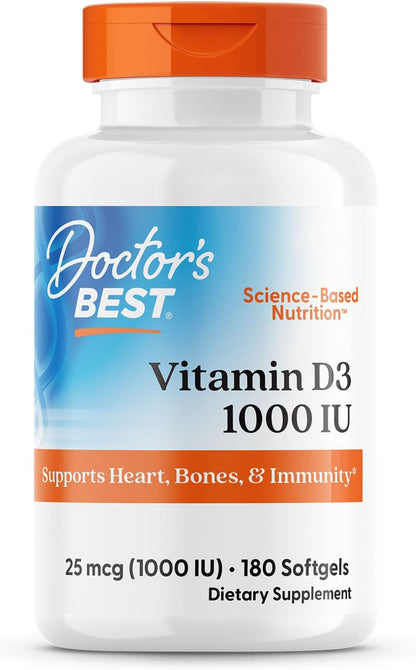 Doctor's Best Vitamin D3 1000 IU Softgel Capsules - Immune and Bone Health Support - 180 Capsules