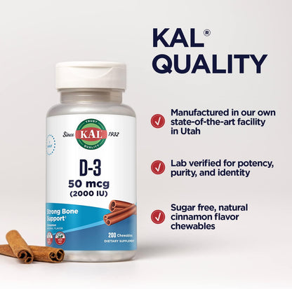 KAL Vitamin D3 Chewables - 2000 IU (50 mcg) - Sugar Free Natural Cinnamon Flavour - 200 Chewable Tablets