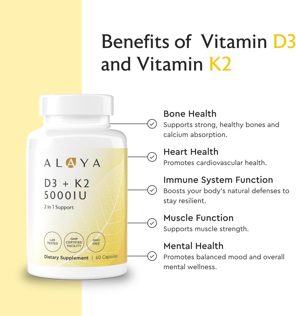 Alaya Naturals Vitamin D3 K2 Supplement – 5000 IU D3, 50 mcg K1, 15 mcg K2 MK-7 – High Absorption Capsules for Bone & Immune Support, Non-GMO, Vegetarian – 60 Count - görsel 4