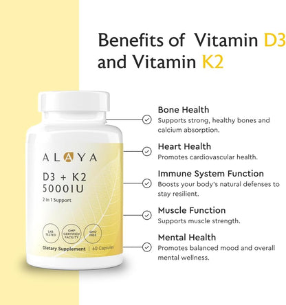 Alaya Naturals Vitamin D3 K2 Supplement – 5000 IU D3, 50 mcg K1, 15 mcg K2 MK-7 – High Absorption Capsules for Bone & Immune Support, Non-GMO, Vegetarian – 60 Count