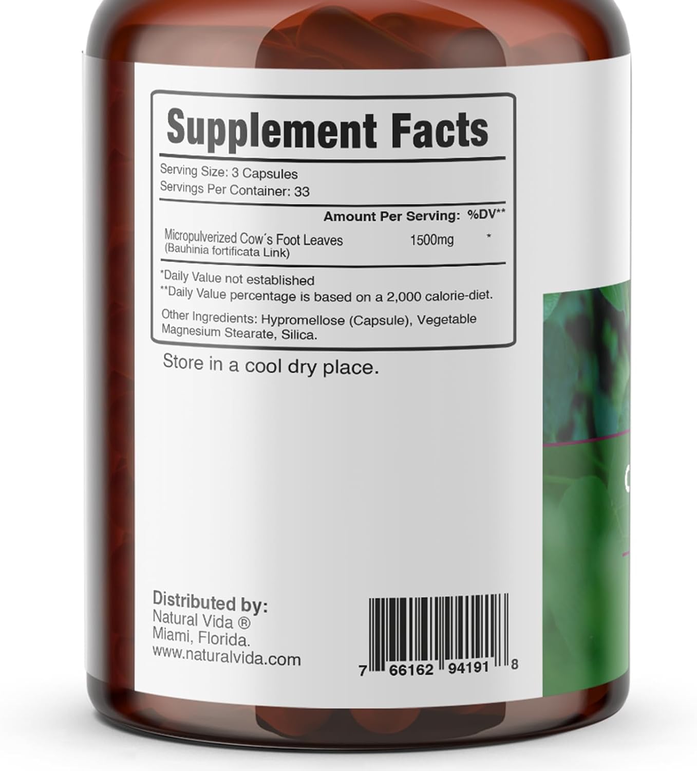 Natural Vida Pata de Vaca - Cow's Foot Leaves - 100 Vegan Capsules - 1,500mg Herbal Food Supplement - görsel 2