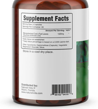 Natural Vida Pata de Vaca - Cow's Foot Leaves - 100 Vegan Capsules - 1,500mg Herbal Food Supplement