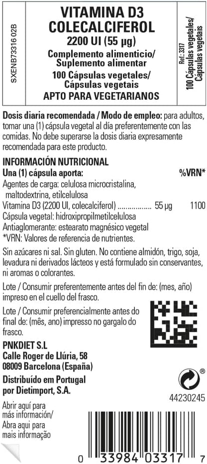 Solgar Vitamin D3 (Cholecalciferol) 55 mcg (2200 IU), 100 Vegetable Capsules