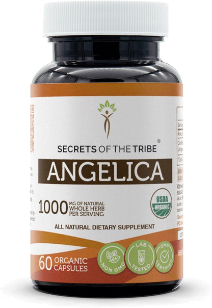 Secrets of the Tribe Angelica USDA Organic Capsules | Certified Organic Vegetarian Capsules, Herbal Food Supplement | Angelica archangelica Dried Root (120 Count)