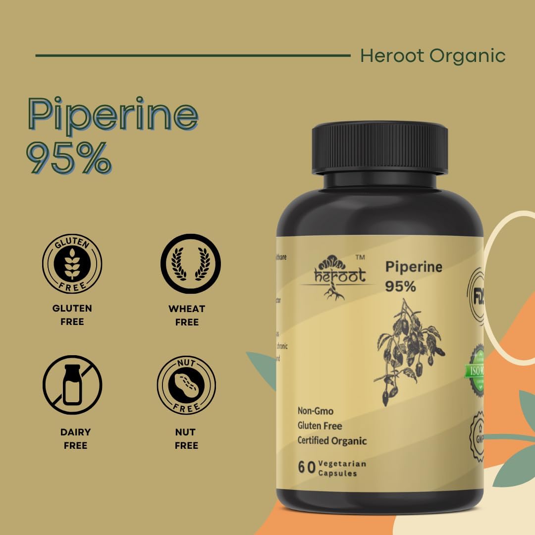 Heroot Piperine 95% (Piper Nigrum) 500 mg - Digestive Health & Breathing Support, Gluten-free, 120 Capsules - görsel 4