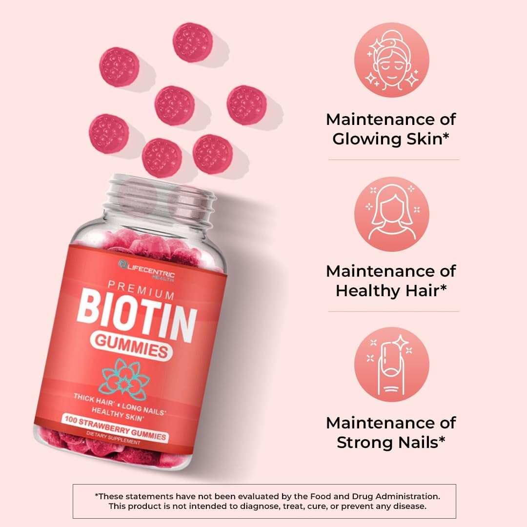 LifeCentric Health Biotin Gummies for Adults | Max Strength 10,000mcg | Vegan Hair Skin and Nails Supplement | 100 Count - görsel 3