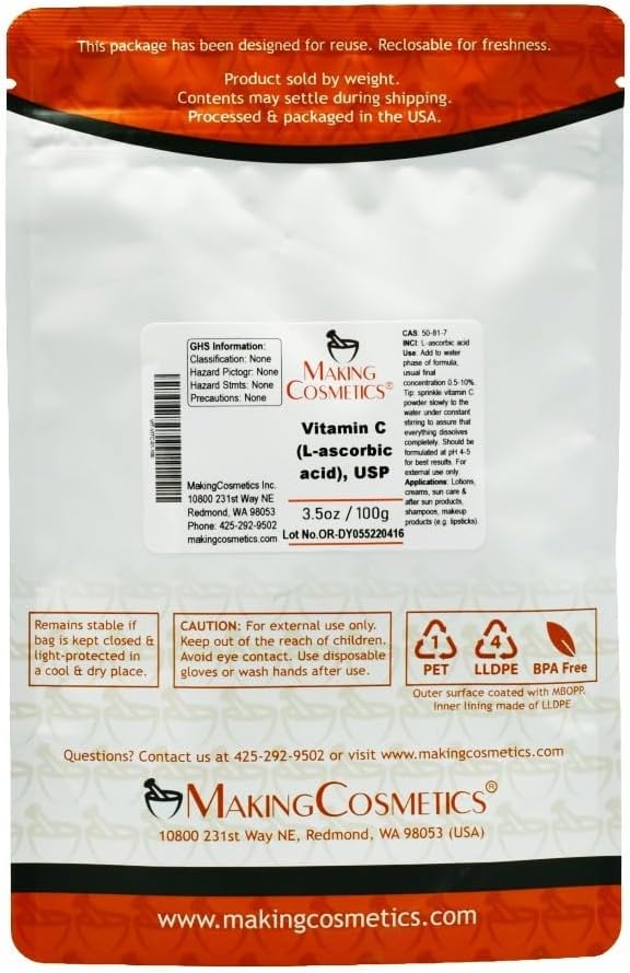MakingCosmetics – Vitamin C (L-Ascorbic Acid) USP Grade Cosmetic Ingredient – 100g / 3.5oz - görsel 2