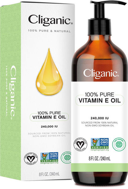 Cliganic Pure Vitamin E Oil for Skin, Scars, Hair & Face - 240,000 IU (240 ml)