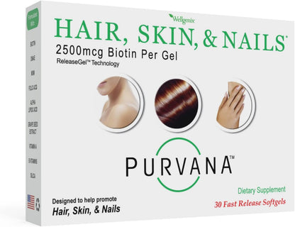 Wellgenix Purvana Hair, Skin and Nails – 2500mcg Biotin Softgels with MSM & B-Complex – 30 Count