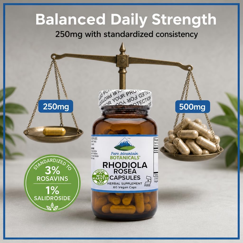 Pure Mountain Botanicals Rhodiola Rosea Supplement - 60 Capsules, 250mg - Standardised 3% Rosavins & 1% Salidroside - Vegan, – Image 7