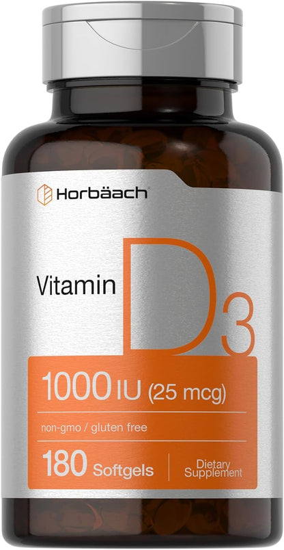 Horbäach Vitamin D3 1000IU (25mcg) Softgels | 180 Count | High Potency Formula | Non-GM & Gluten-free Supplement