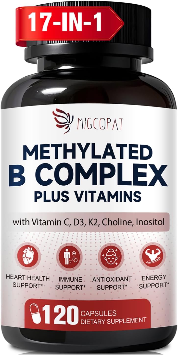 Migcopat 17-in-1 Methylated B Complex, 258,150 mcg Multivitamins, B12 Methylcobalamin, Methylfolate, Vitamin C, Vitamin D3 K2, CoQ10, Biotin, TMG, Methylated Multivitamin for Energy, Brain - 120 Capsules - görsel 1