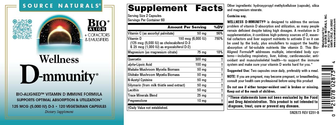 Source Naturals Wellness D-mmunity - Vitamin D3 & D2 Immune Formula, 120 Vegetarian Capsules - görsel 4