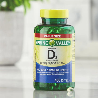 Spring Valley Vitamin D3 50 mcg (2,000 IU) Soft gel capsules, 400 Count + Weekly Pillbox