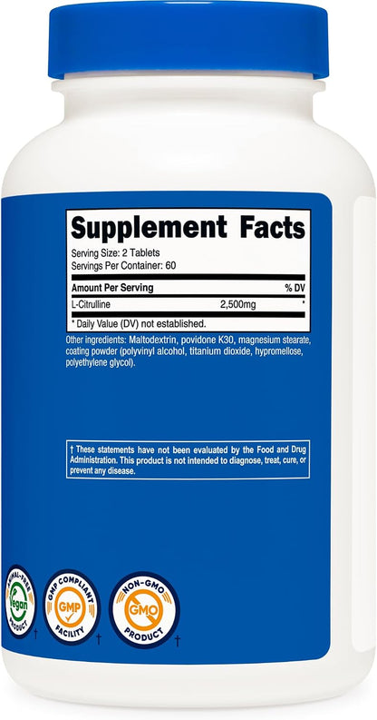 Nutricost L-Citrulline 2500mg per Serving – 120 Tablets (60 Servings)