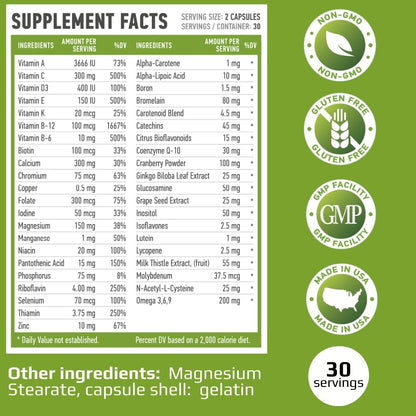 Complete Vitamins Multivitamin and Minerals with Omega 3.6.9, CoQ-10, D3 – No Iron, 60 Capsules