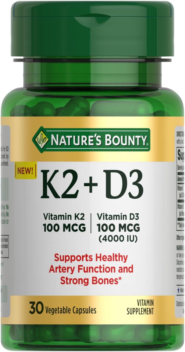 Nature's Bounty Vitamin D3 K2 Supplement, 4000 IU D3 + 100 mcg K2, 30 Vegetarian Capsules - görsel 1
