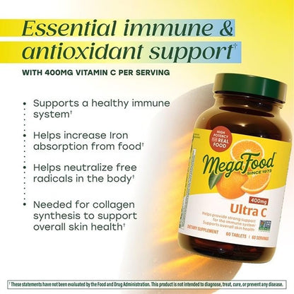 MegaFood Ultra C 400 mg – Vegan Vitamin C Immune Support Supplement with Real Food (60 Tablets)
