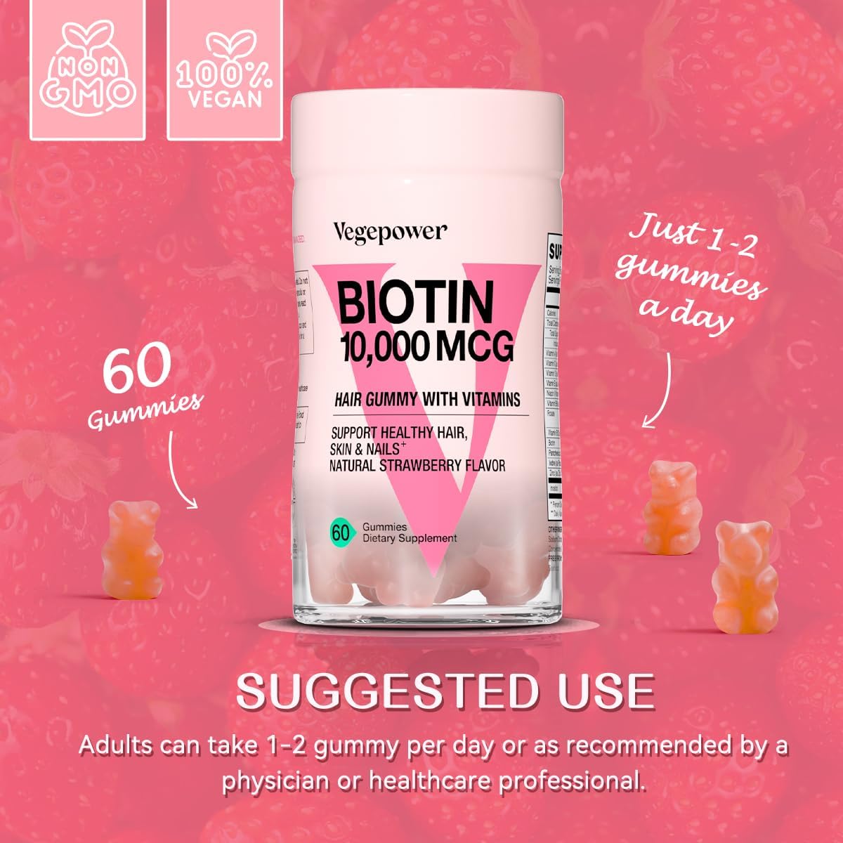 Biotin Gummies 10000mcg with Vitamin C, A, D, B-Complex, Folate, Zinc - Vegan Hair, Skin & Nail Gummies, Strawberry Flavour, 120 Gummies - görsel 6
