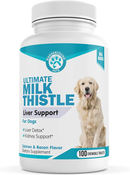 Wanderfound Pets Milk Thistle for Dogs – Tasty Salmon & Bacon Flavoured Herbal Supplement for Liver & Kidney Function – Manufactured in the USA – 100 Chewable Tablets