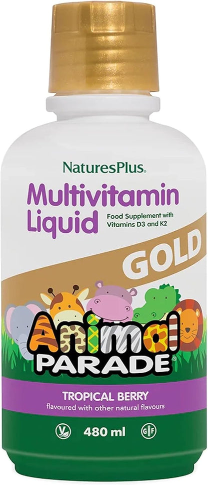 NaturesPlus Animal Parade Gold Children's Liquid Multivitamin – Natural Tropical Berry Flavour – 473 ml