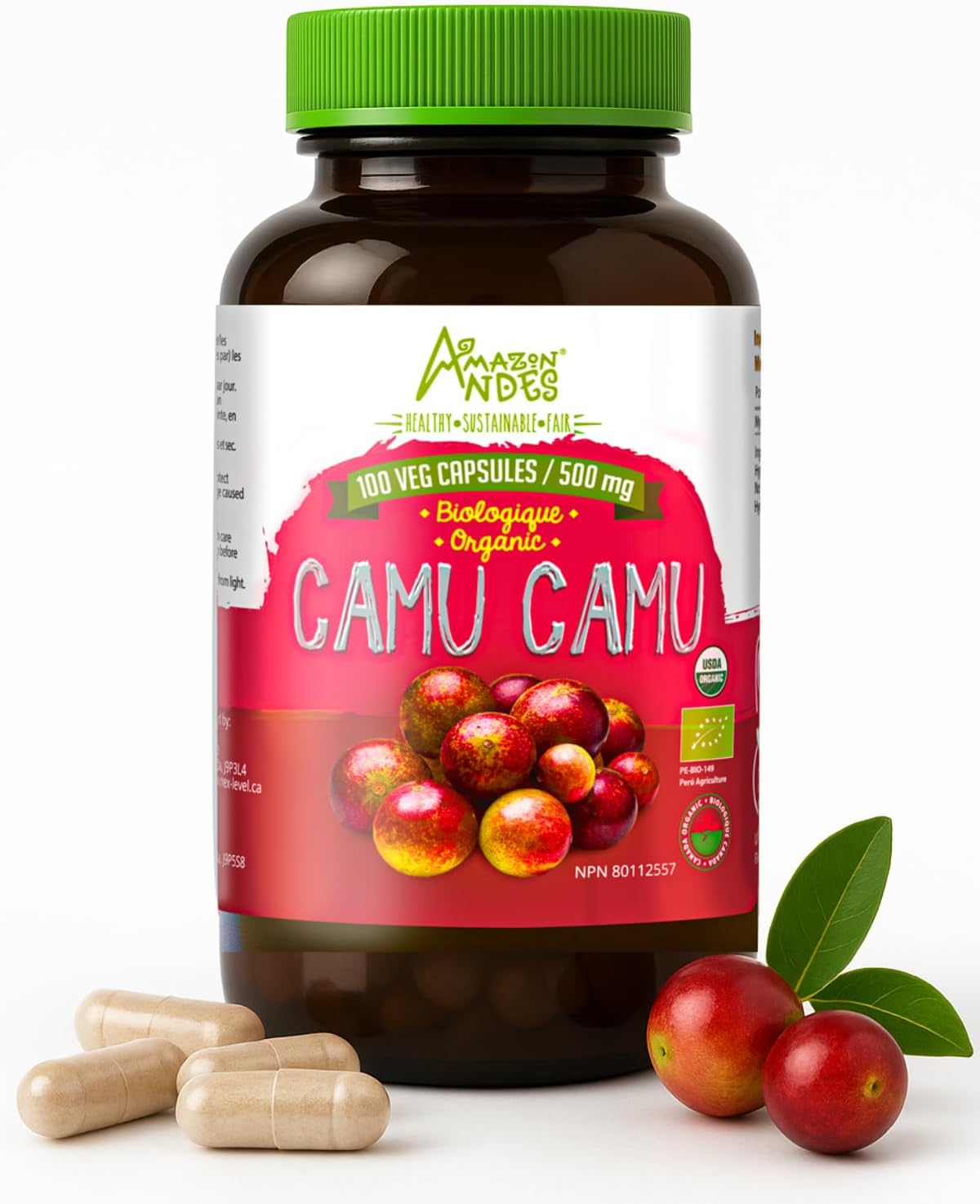 Amazon Andes Camu Camu Capsules 500mg - Pure Vitamin C from Peru - 100 Vegetarian Caps - görsel 1