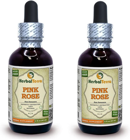 Pink Rose (Rosa damascena) Glycerite, Dried Buds and Petals Alcohol-Free Liquid Extract (Brand Name: HerbalTerra) 5x2 fl.oz (5x60 ml)