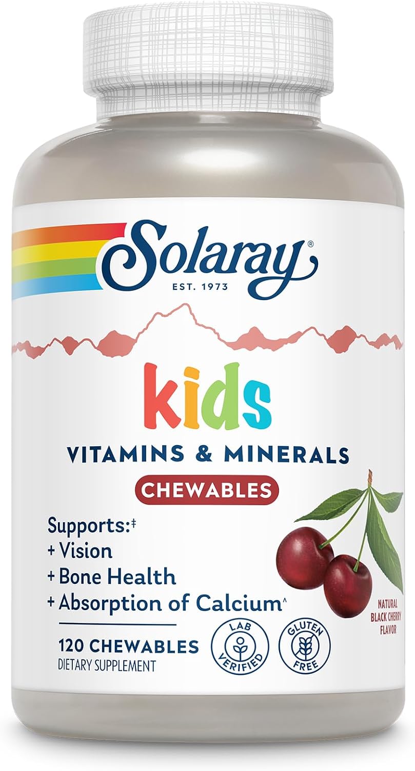 SOLARAY Children's Vitamins & Minerals – Multivitamin for Kids with Vitamin C, D, B2, Iron – Gluten-free, 120 Black Cherry Chewables - görsel 1