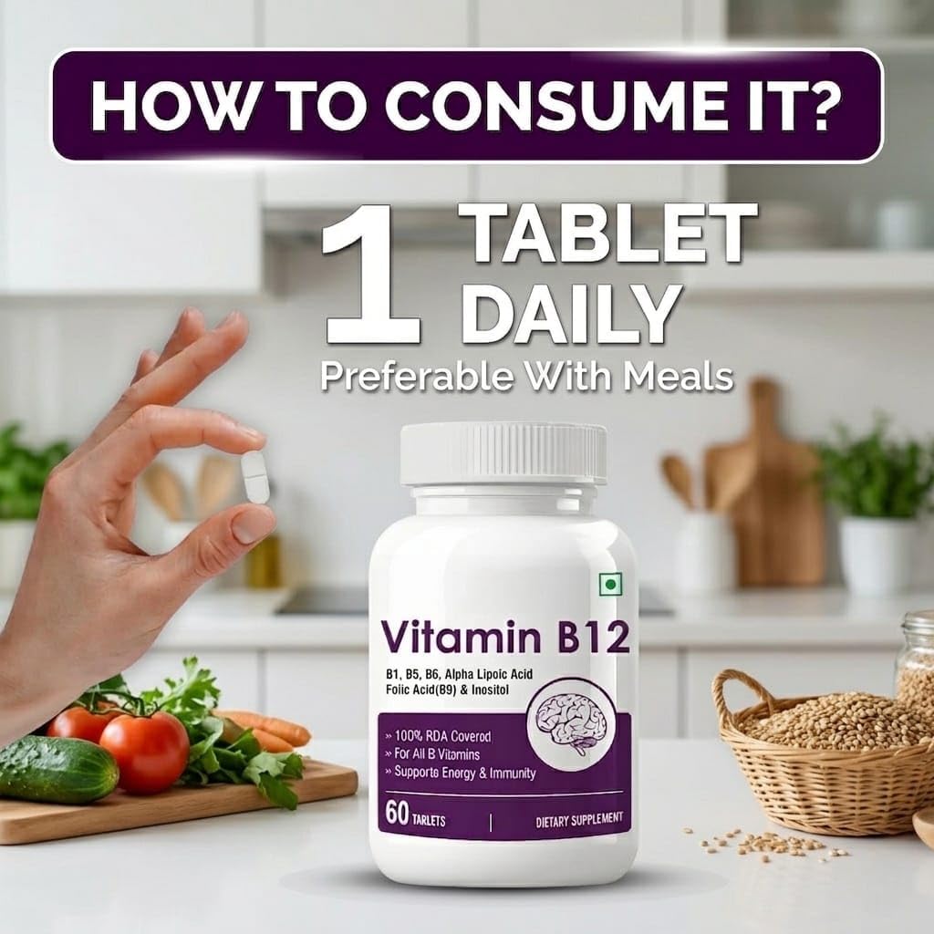 Vitamin B12 with B1, B5, B6, B9 (Folic Acid), Alpha Lipoic Acid ALA & Inositol Food Supplement – Energy Support & Antioxidant – 60 Tablets - görsel 5