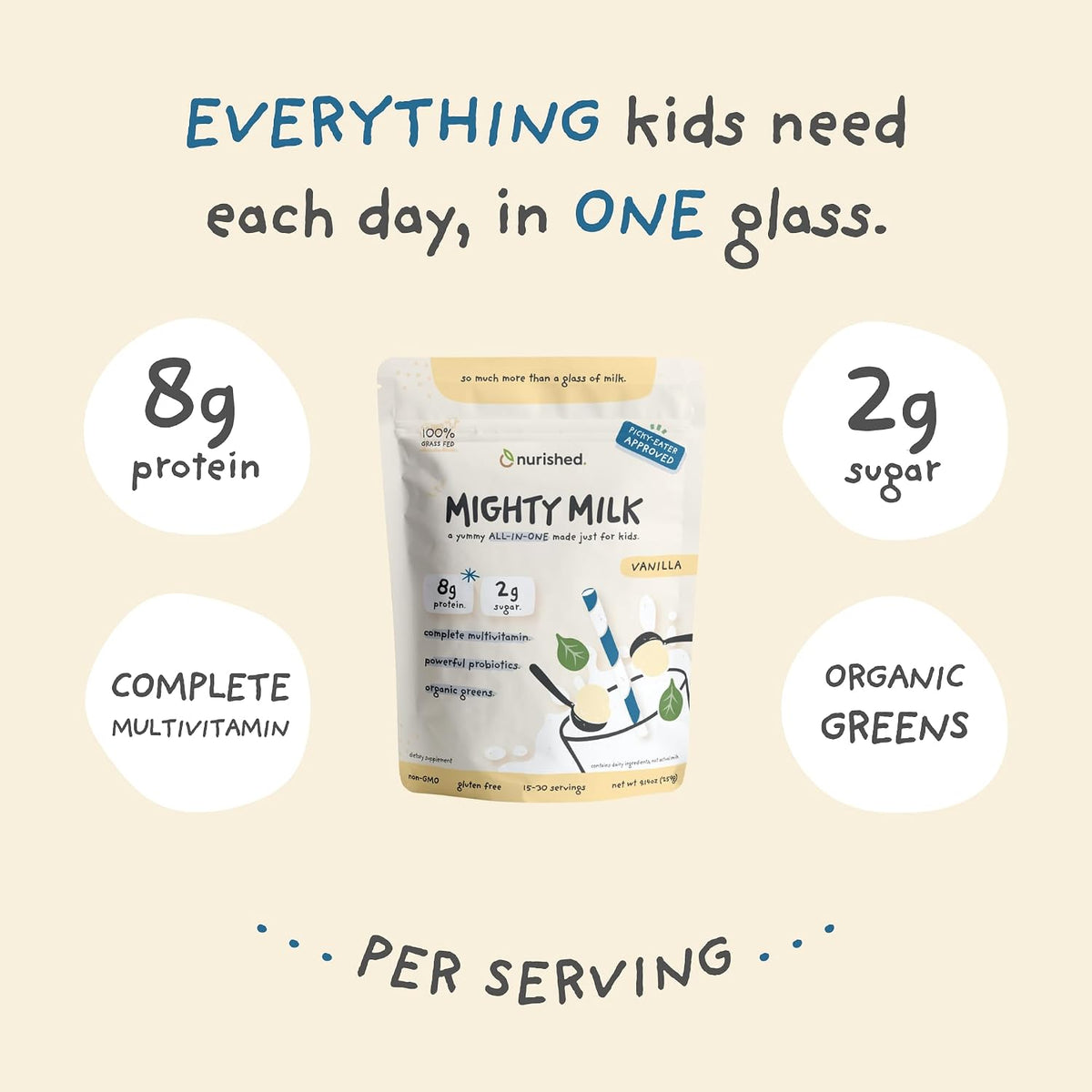 Vanilla Mighty Milk - Children's All-in-One Daily Protein Powder & Multivitamin with 2 Billion Probiotics & Organic Spinach - Natural Flavours, Colours & Sweeteners - 15-30 Servings - görsel 4