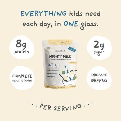 Vanilla Mighty Milk - Children's All-in-One Daily Protein Powder & Multivitamin with 2 Billion Probiotics & Organic Spinach - Natural Flavours, Colours & Sweeteners - 15-30 Servings