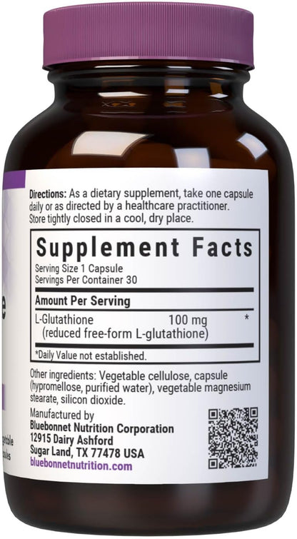 Bluebonnet Nutrition L-Glutathione 100 mg - Free-Form Reduced Glutathione - 30 Vegan Capsules