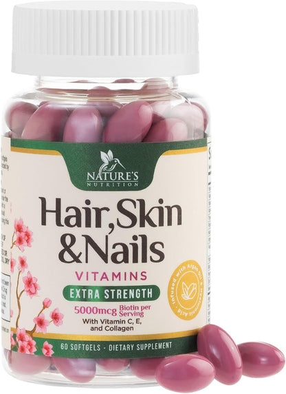 Hair, Skin and Nails Vitamins - Biotin 5000mcg with Collagen, Argan Oil and Hyaluronic Acid - 120 Softgels
